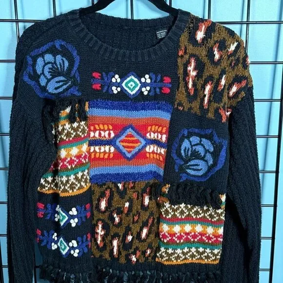 Vintage‎ Knit Fringe Grandma Sweater Womens M Multicolor Cottagecore Patchwork - Picture 5 of 9